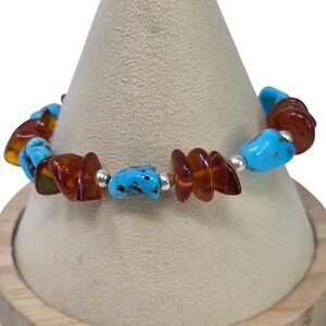 Sterling Silver Amber Turquoise Chip Silver Bead Bracelet Adjustable Clasp 7-8"